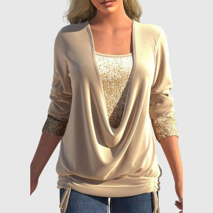 Sequin Layer Draped Blouse in Khaki — VerolynBoutique