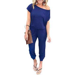 Off-Shoulder Jogger Jumpsuit in Blue — VerolynBoutique