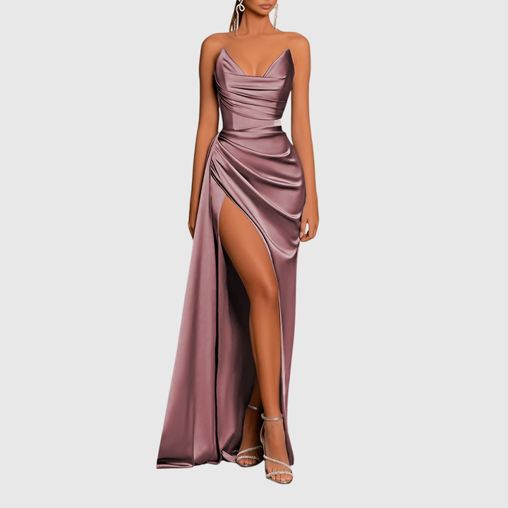 Ruched Satin Maxi Dress in Red — VerolynBoutique