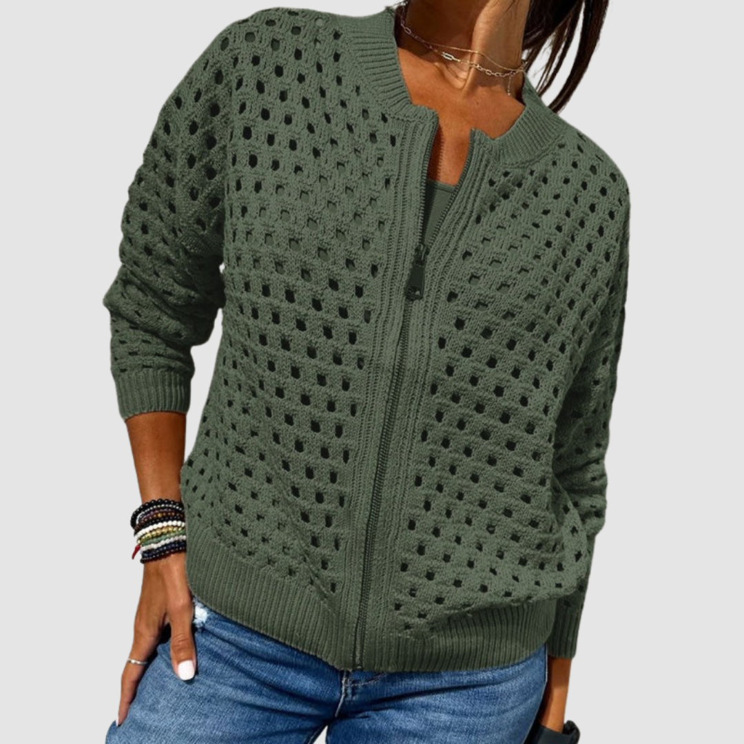 Open Knit Zip Cardigan in Olive — VerolynBoutique