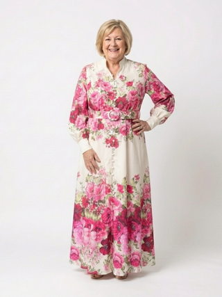 High-Neck Belted Floral Maxi Dress in Pink — VerolynBoutique