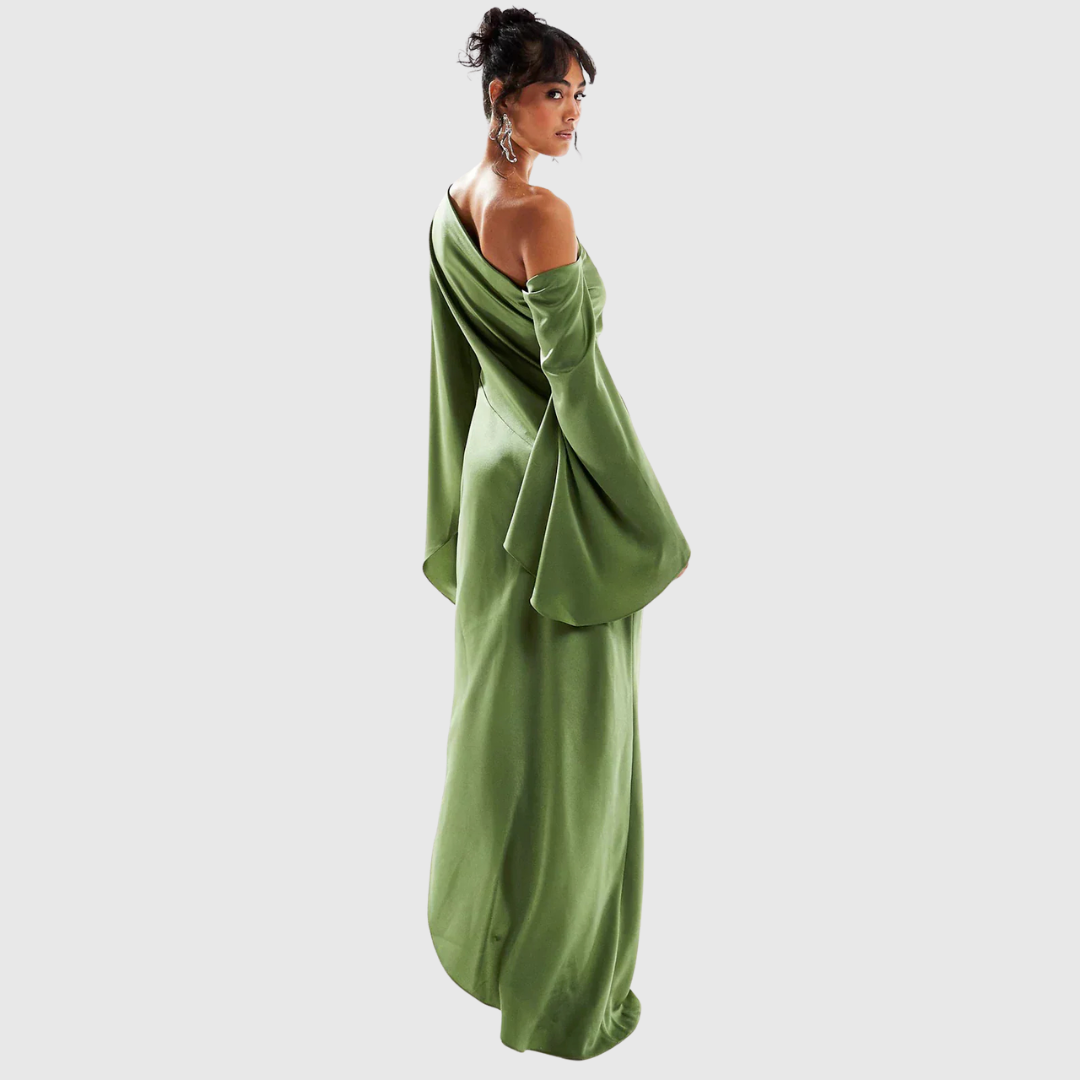 One-Sleeve Satin Maxi Dress in Green — VerolynBoutique