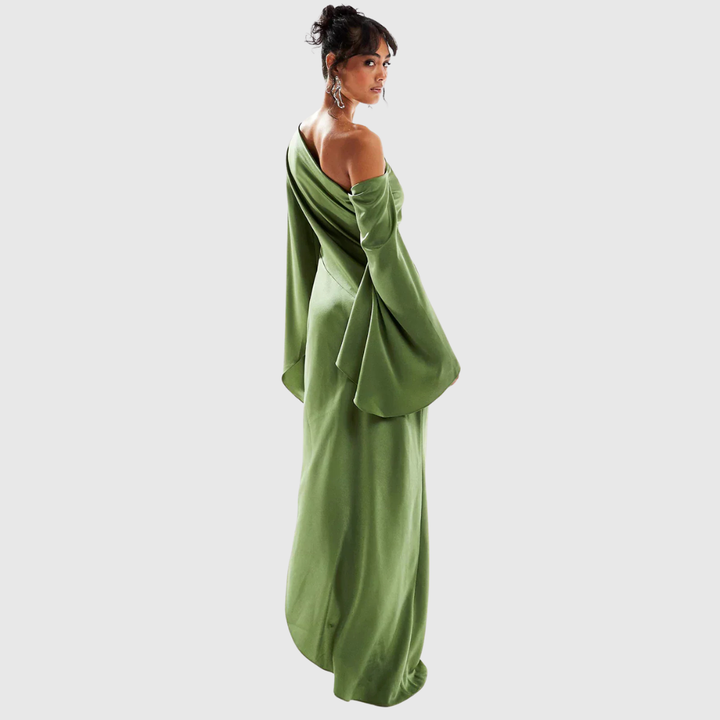 One-Sleeve Satin Maxi Dress in Green — VerolynBoutique