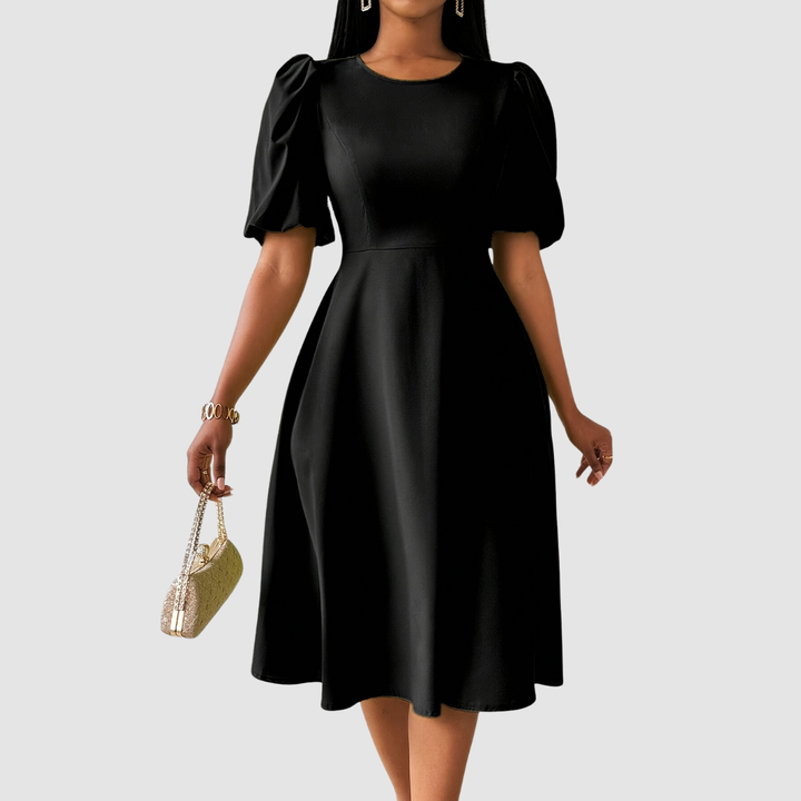 Puff Sleeve Midi Dress in Black — VerolynBoutique