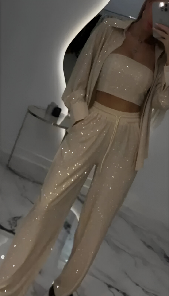 Sequin Three-Piece Lounge Set in Khaki — VerolynBoutique