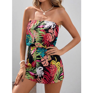 Strapless Printed Summer Romper in Black Tropical Print — VerolynBoutique