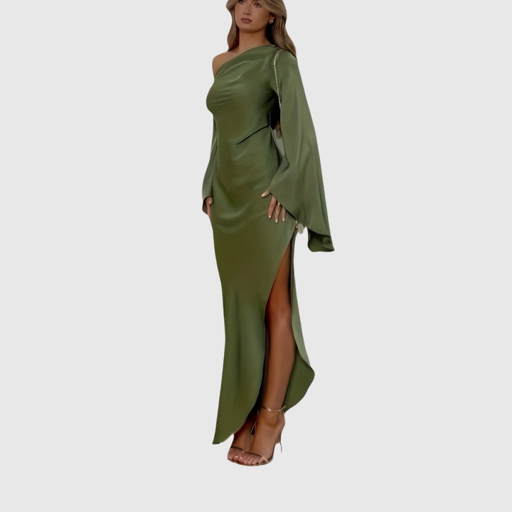 One-Shoulder Satin Evening Dress in Olive — VerolynBoutique