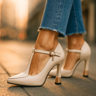 Pointed Toe T-Strap Heels in White — VerolynBoutique