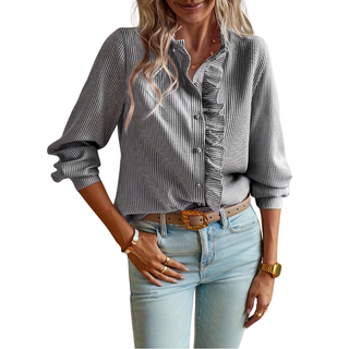 Ruffle Trim Button Blouse in Black — VerolynBoutique