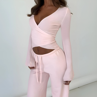 Wrap V-Neck Top Trouser Set in Pink — VerolynBoutique