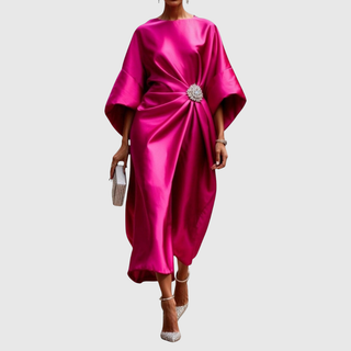 Satin Brooch Midi Dress in Pink — VerolynBoutique