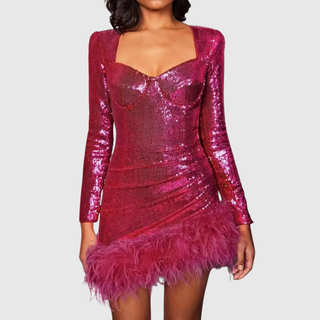 Metallic Feather Hem Mini Dress in Pink — VerolynBoutique