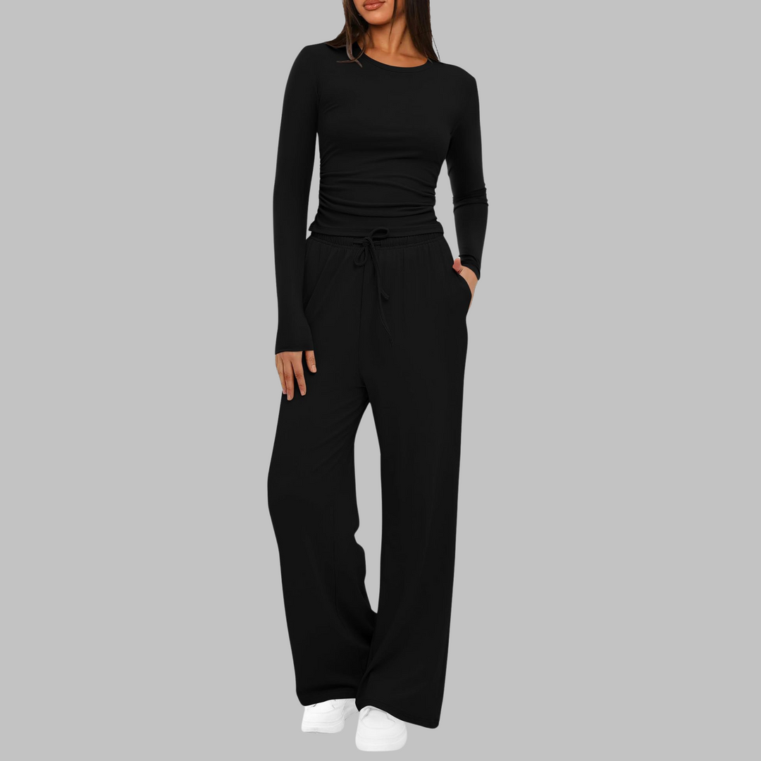 Long Sleeve Wide-Leg Trouser Set in Black — VerolynBoutique