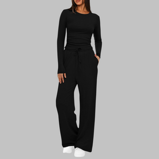Long Sleeve Wide-Leg Trouser Set in Black — VerolynBoutique