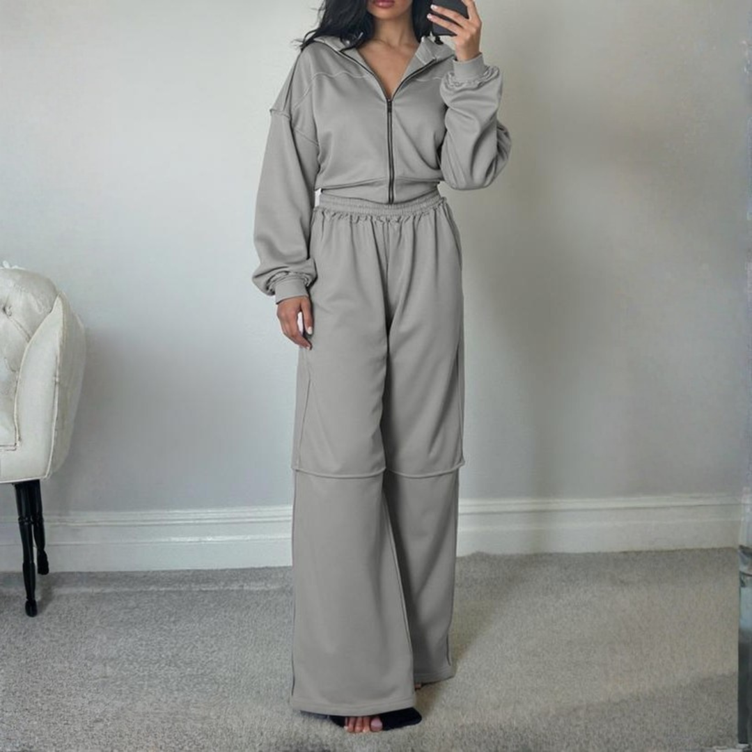Zip-Up Hoodie Wide-Leg Set in Grey — VerolynBoutique