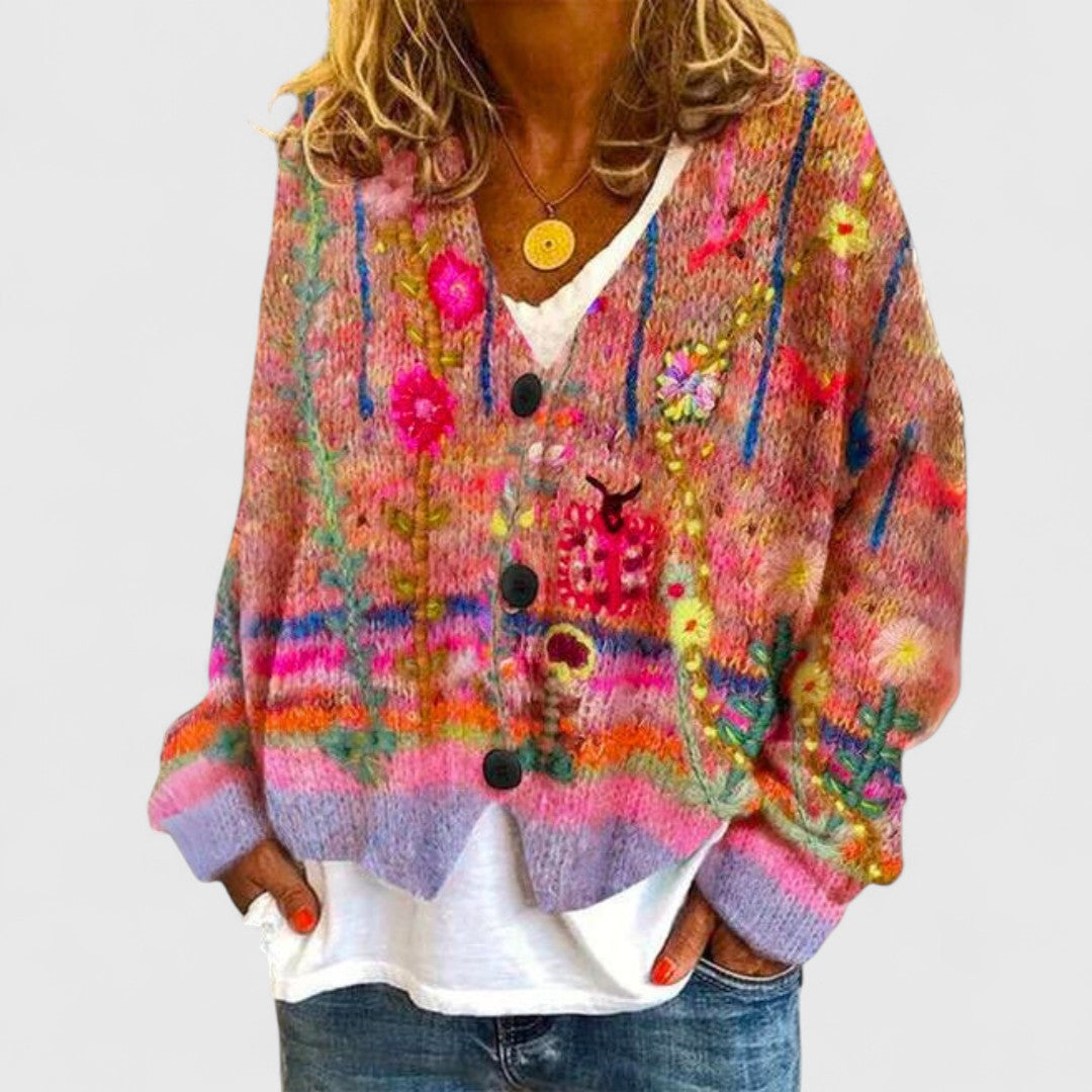Painted Floral V-Neck Cardigan in Red — VerolynBoutique