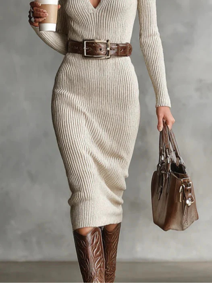 Ribbed Knit V-Neck Dress in Beige — VerolynBoutique