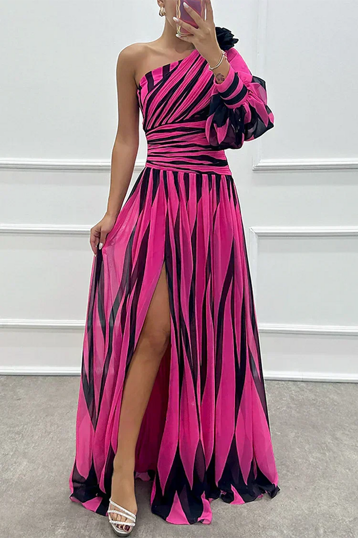 Striped One-Shoulder Evening Dress in Fuchsia — VerolynBoutique