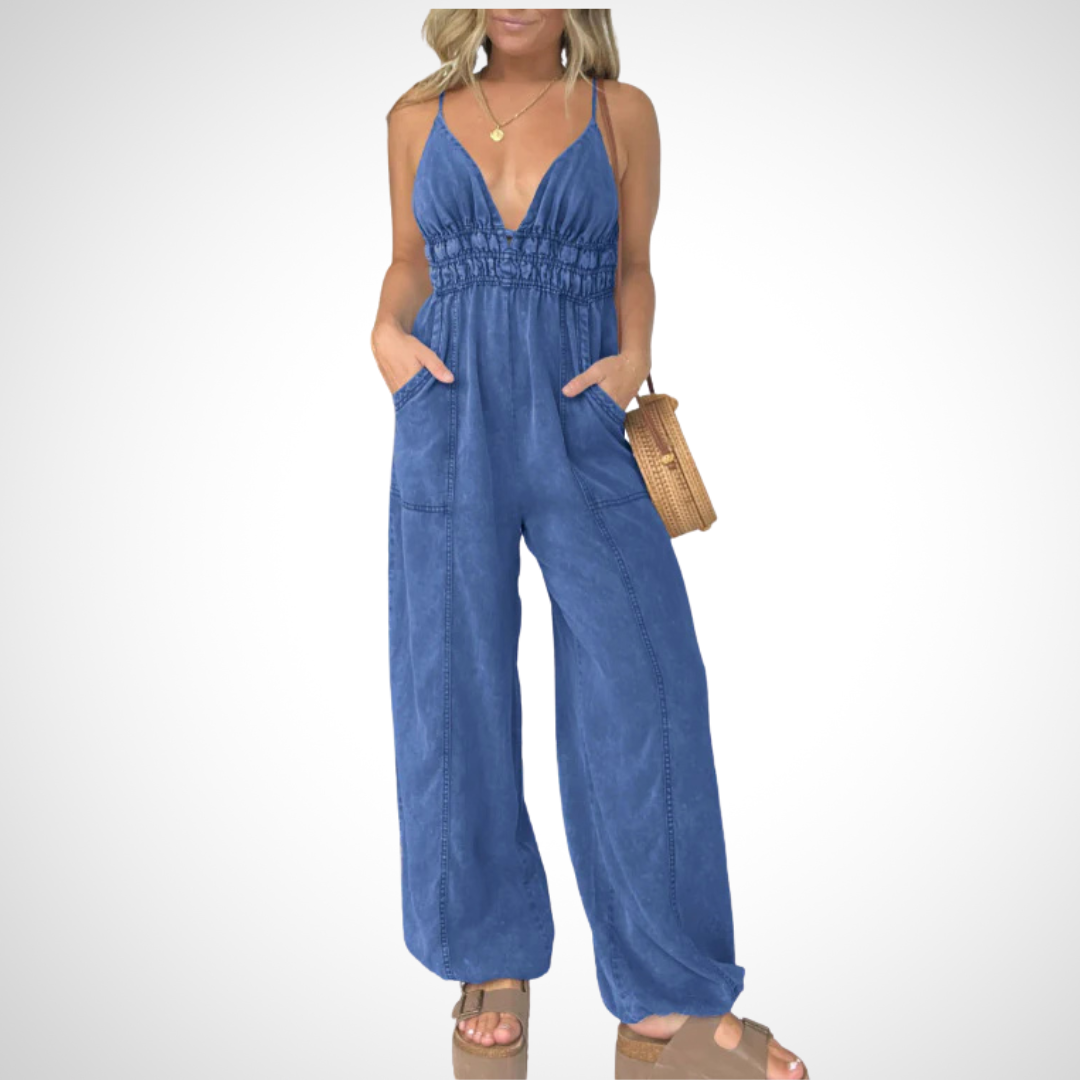 Cami Shirred Waist Pocket Jumpsuit in Blue — VerolynBoutique