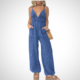 Cami Shirred Waist Pocket Jumpsuit in Blue — VerolynBoutique