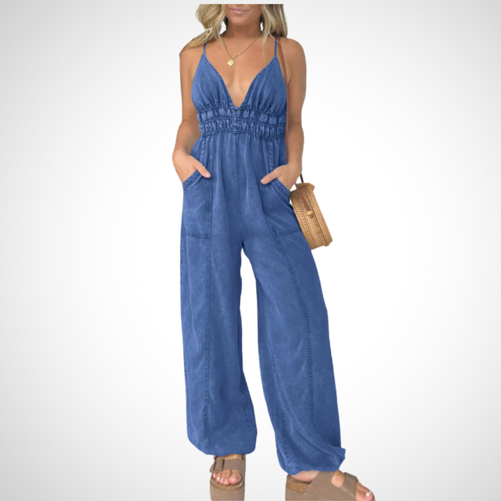 Cami Shirred Waist Pocket Jumpsuit in Blue — VerolynBoutique