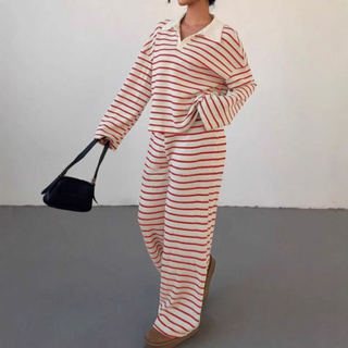 Verolyn - Striped V-Neck Top &amp; Trouser Set