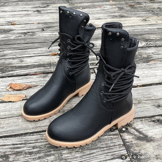 Studded Lace-Up Mid-Calf Boots in Black — VerolynBoutique