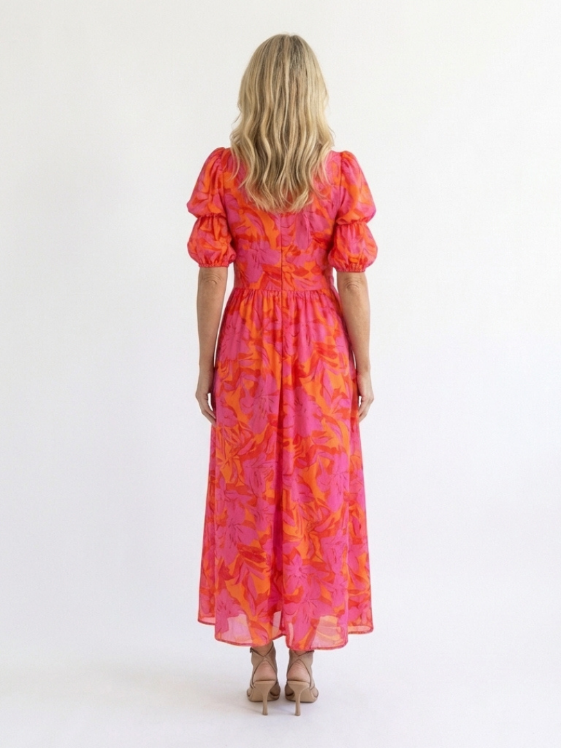 Floral Puff Sleeve Midi Dress in Pink — VerolynBoutique