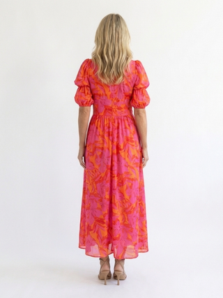 Floral Puff Sleeve Midi Dress in Pink — VerolynBoutique
