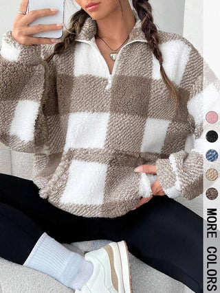 Verolyn - Plaid Print Half Zip Sweatshirt