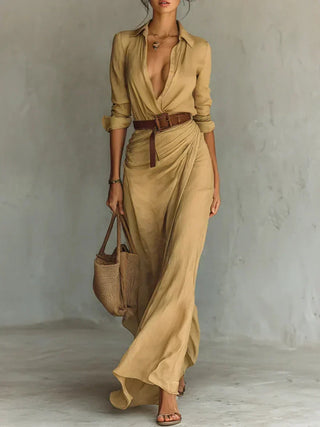 Lapel Wrap Belted Maxi Dress in Khaki — VerolynBoutique