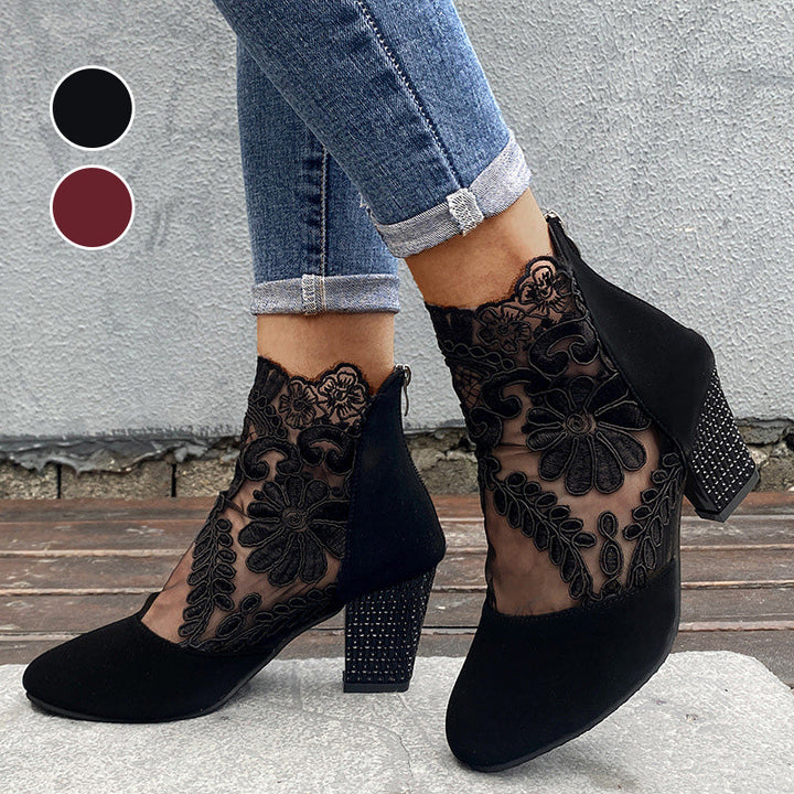 Lace Panel Heeled Ankle Boots in Black — VerolynBoutique