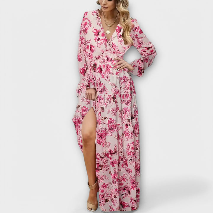 Floral V-Neck Tiered Maxi Dress in Pink &amp; Grey — VerolynBoutique