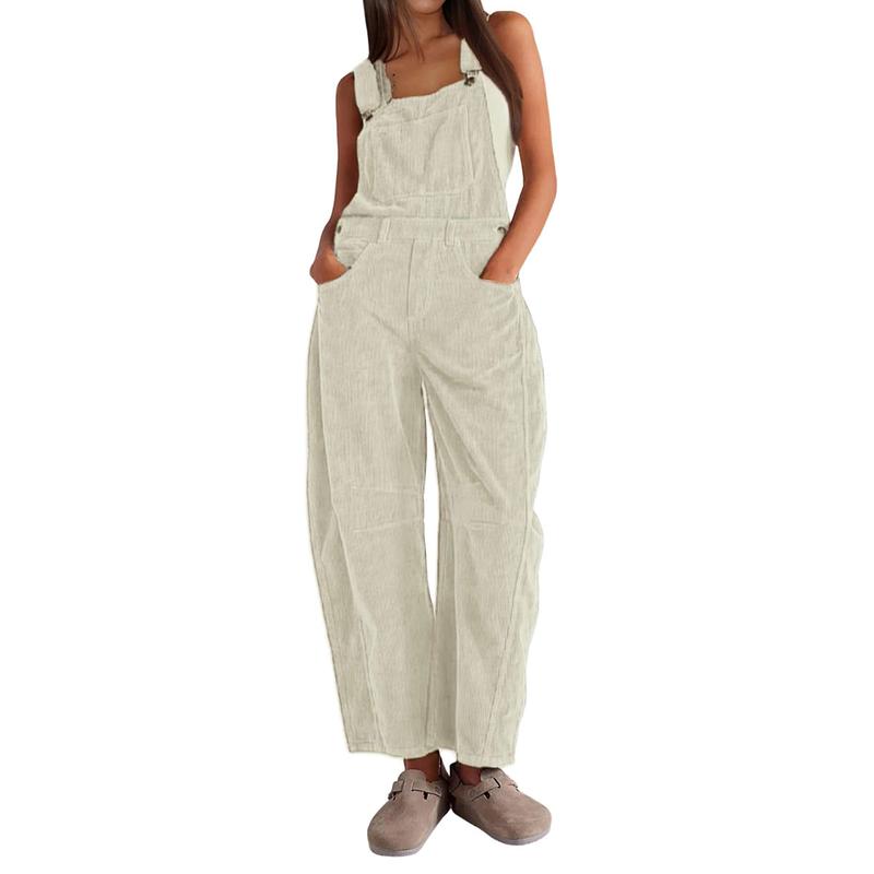 Corduroy Barrel Leg Dungarees in Beige — VerolynBoutique