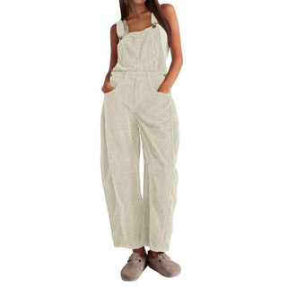 Corduroy Barrel Leg Dungarees in Beige — VerolynBoutique