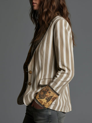 Boho Stripe Lapel Blazer in Khaki — VerolynBoutique