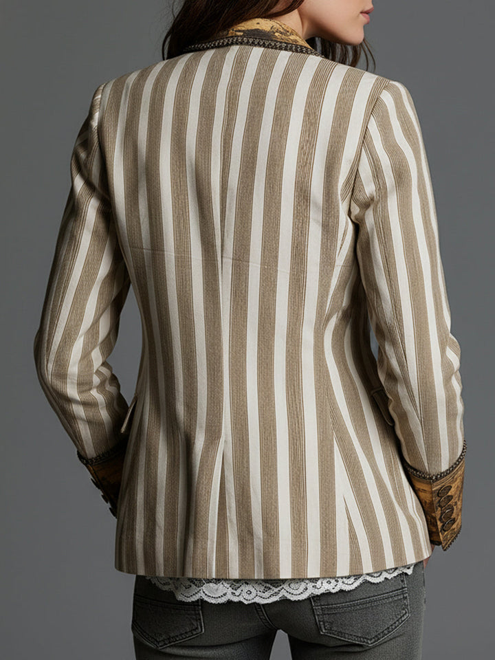 Boho Stripe Lapel Blazer in Khaki — VerolynBoutique