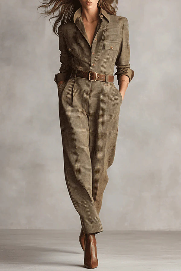 Belted Check Shirt Jumpsuit in Brown — VerolynBoutique