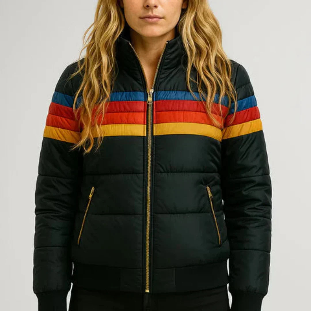 Retro Chest Stripe Puffer Jacket in Black — VerolynBoutique