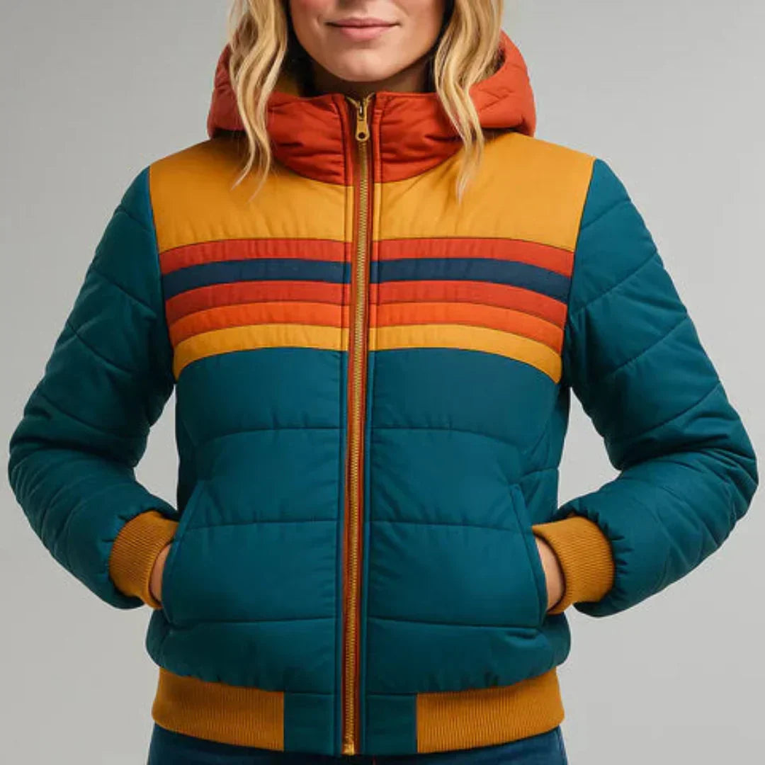 Retro Chest Stripe Puffer Jacket in Black — VerolynBoutique