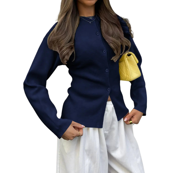 Slim Ribbed Button Cardigan in Navy — VerolynBoutique