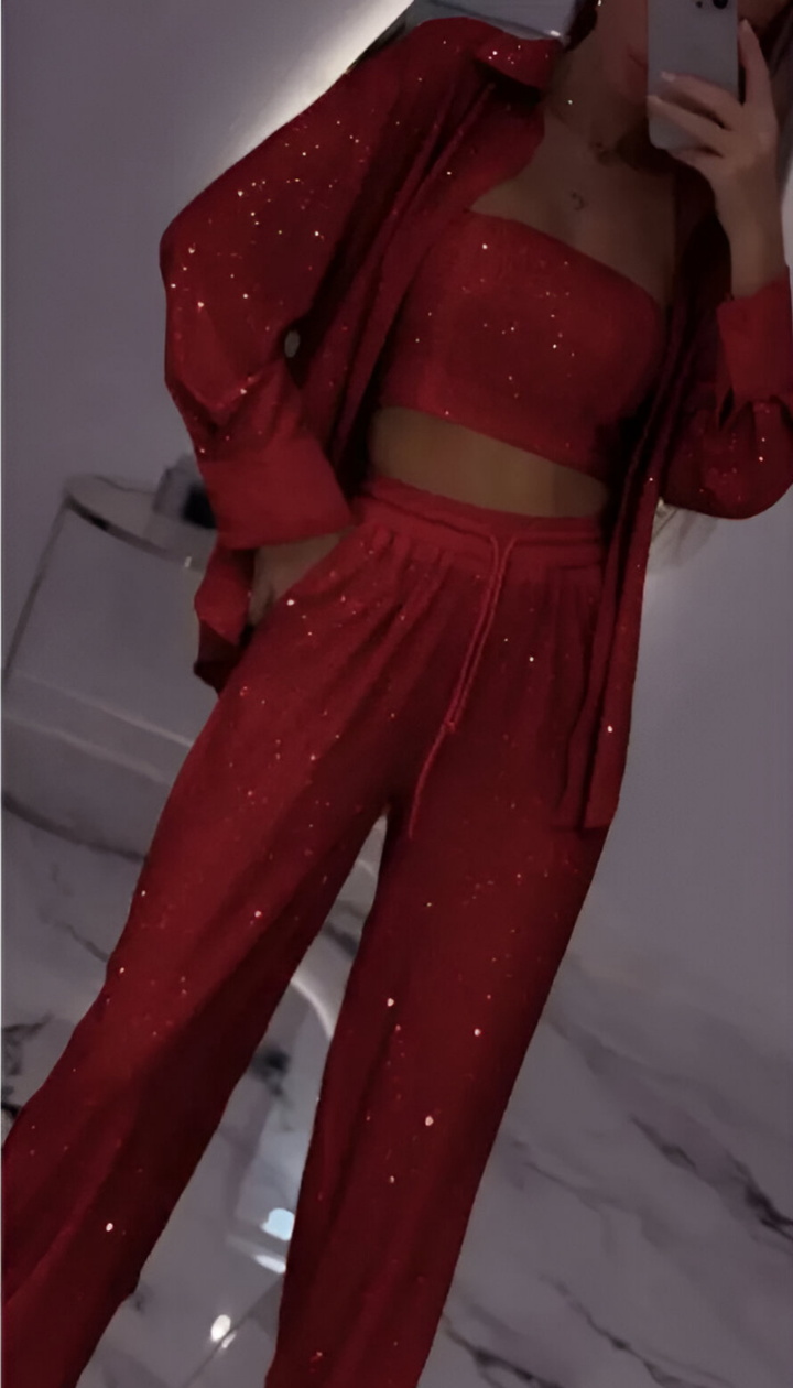 Sequin Three-Piece Lounge Set in Red — VerolynBoutique