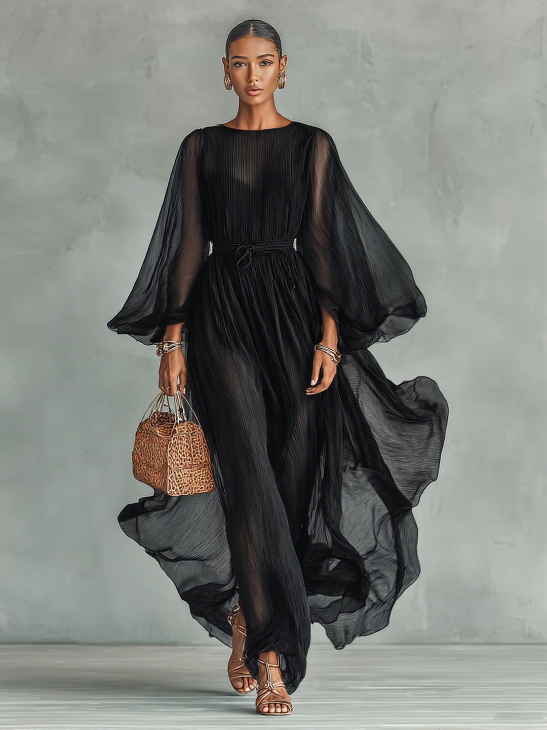 Sheer Balloon Sleeve Maxi Dress in Black — VerolynBoutique