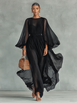 Sheer Balloon Sleeve Maxi Dress in Black — VerolynBoutique