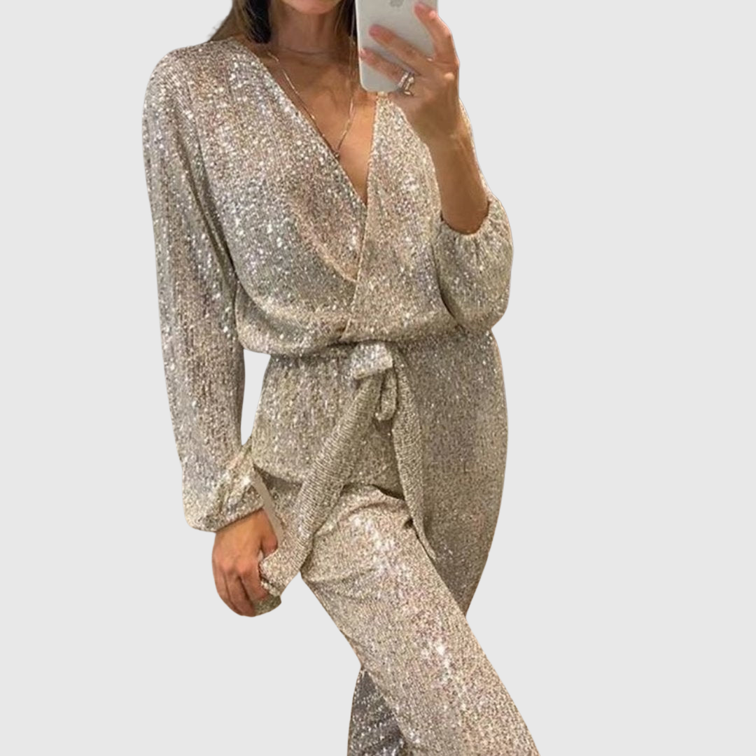 Glitter Belted Jumpsuit in Silver — VerolynBoutique