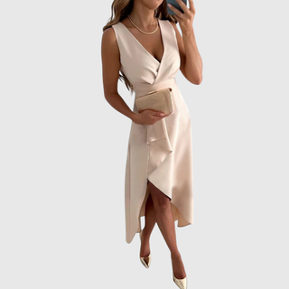 Draped Wrap Midi Dress in Beige — VerolynBoutique