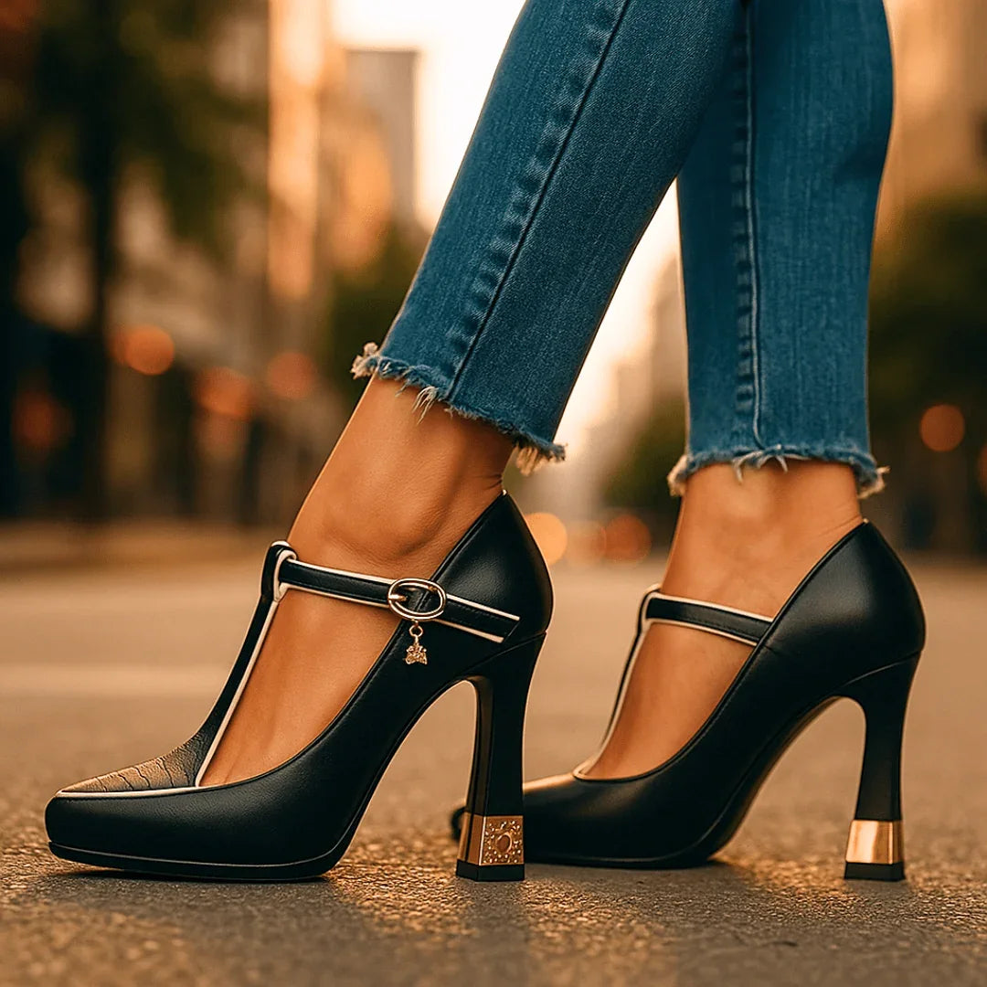 Pointed Toe T-Strap Heels in Black — VerolynBoutique