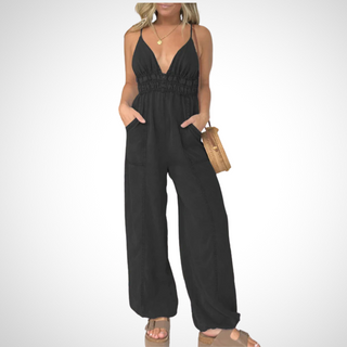 Cami Shirred Waist Pocket Jumpsuit in Black — VerolynBoutique