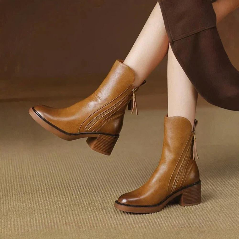 Stitched Leather Block Heel Boots in Brown — VerolynBoutique