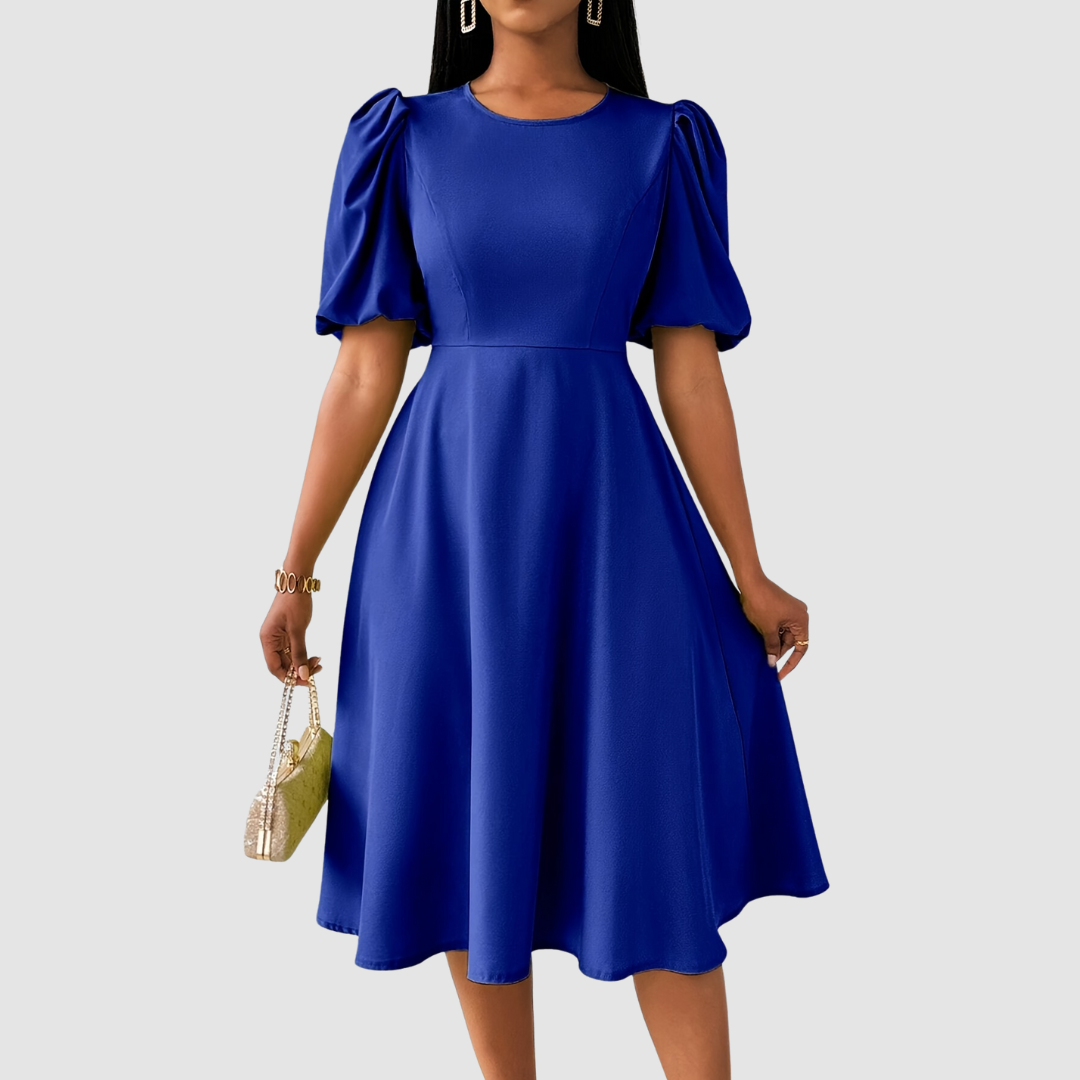 Puff Sleeve Midi Dress in Blue — VerolynBoutique